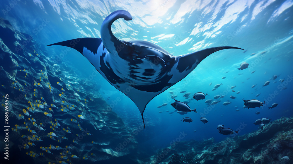 Poster Giant Manta Rays Gliding Through Open Ocean Background