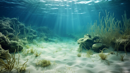 Deep Ocean Floor with Sand Dunes and Seaweed Background - obrazy, fototapety, plakaty