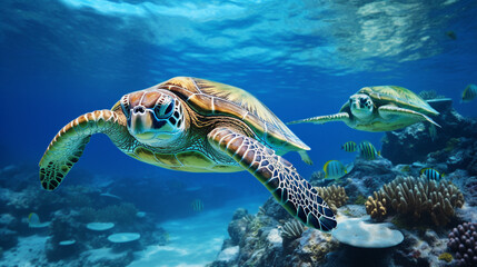 Fototapeta premium Majestic Sea Turtles Gliding Through Deep Blue Waters Background