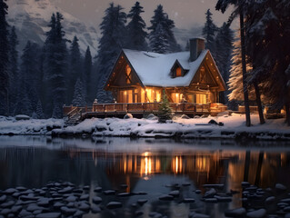 Fototapeta premium Beautiful Christmas winter landscape with mountain lake and wooden house at night.