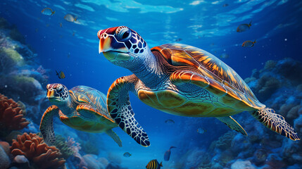 Fototapeta premium Majestic Sea Turtles Gliding Through Deep Blue Waters Background