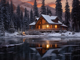 Beautiful Christmas winter landscape with mountain lake and wooden house at night.