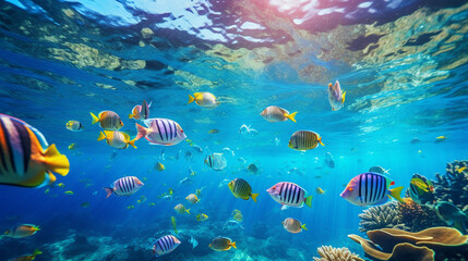 Obraz na płótnie Canvas Schools of Tropical Fish Swimming in Clear Ocean Waters Background