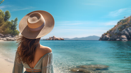 young woman at a beach front on vacation looking at the turquoise waters of the sea in a tropical country. concept of wanderlust