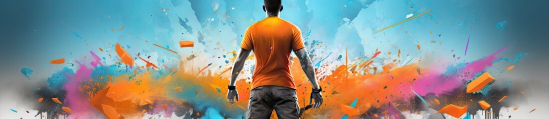 a man in an orange shirt is atop a blue wall Generative AI