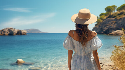 young woman on a sunny beach wearing a hat, on a beach  vacation looking at the calmness of the blue waters of the ocean in a tropical country. concept of wanderlust