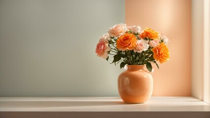 There is a vase of flowers by the light orange wall