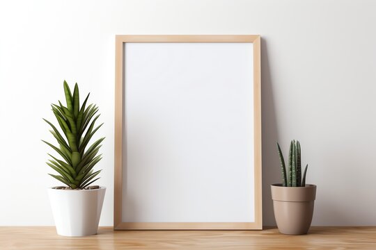 a frame with a white background and two potted plants