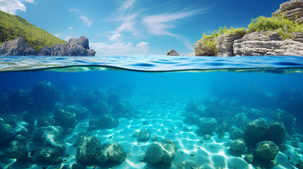 Fototapeta na wymiar Underwater Archipelago with Crystal-Clear Blue Waters Background