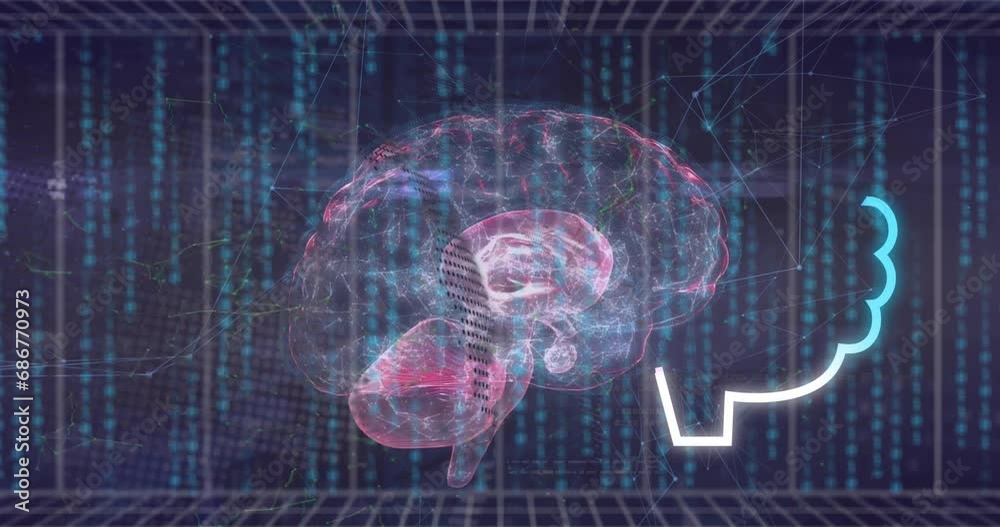 Poster animation of speech bubbles, binary codes, robot and brains over abstract background