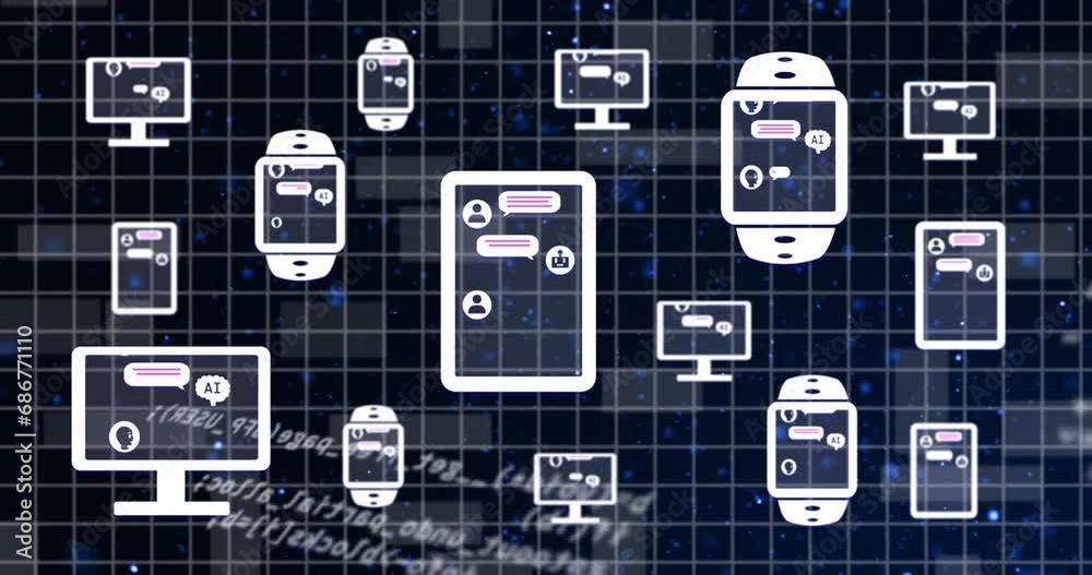 Poster animation of ai interface in smartwatches, cellphone and computers over computer language