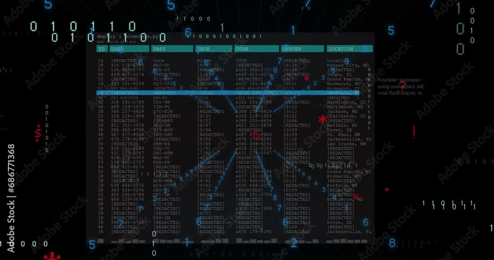 Poster animation of special characters, binary codes, computer language and screen over black background