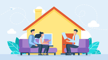 A family signs a contract to buy or rent a house. Real estate. Contract signed. Purchase and pick a real estate home. Safe property purchase deal, transaction security. Flat trendy illustration - obrazy, fototapety, plakaty