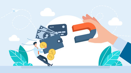 Robber steals money from wallet. Scam, phishing, cyber crime concept. Businessman holds a magnet that pulls money from wallet. Shopaholism, Consumerism and overspend. Taxes, debts. Flat illustration