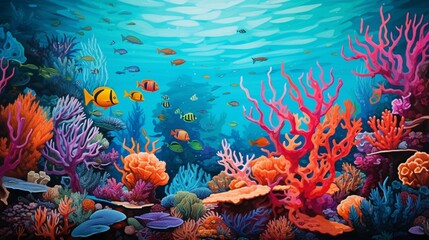 underwater scene with coral reefs in varying shades of orange, coral, and turquoise, teeming with marine life.