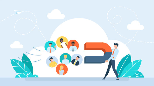Businessman with magnet and people in run to it, customer acquisition and marketing. Search and attraction of target audience, new subscribers. Social network promotion marketing. Flat illustration