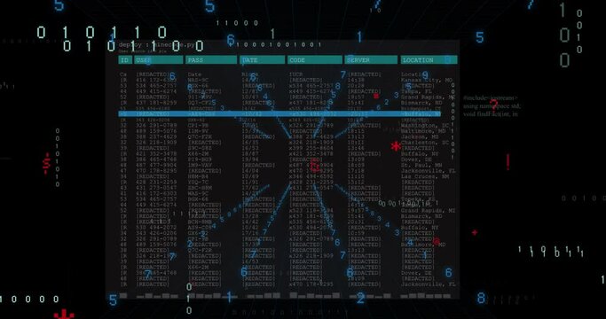 Animation of special characters, binary codes, computer language and screen over black background