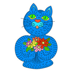 Blue cat with flowers holiday design element PNG file