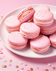 Obraz na płótnie Canvas pink macarons topped with sprinkles on a plate, in the style of confetti-like dots created with Generative Ai