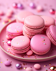 Fototapeta na wymiar pink macarons topped with sprinkles on a plate, in the style of confetti-like dots created with Generative Ai