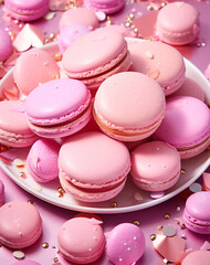 Obraz na płótnie Canvas pink macarons topped with sprinkles on a plate, in the style of confetti-like dots created with Generative Ai