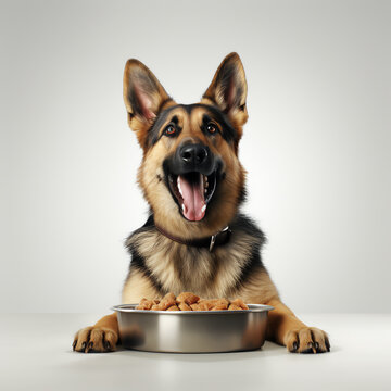 a dog sitting at a table with a bowl of food