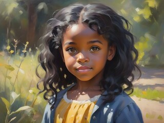 A cute little black girl with black hair outside. Beautiful impressionist style portrait of a girl. Generative AI