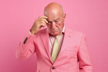 Photo of fail trouble businessman depressed pensioner, stress mood dissatisfied tension unwell isolated on pink color background