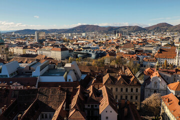Graz Austria Aerial view from clock tower in winter season