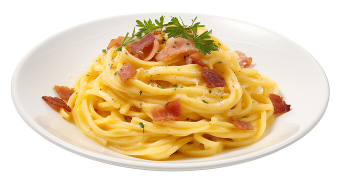 Carbonara pasta with fresh ham slices and parmesan cheese on a plate isolated on a white background