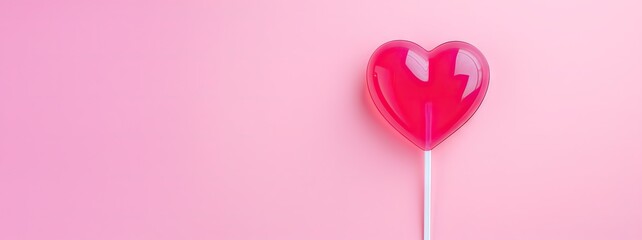 Valentine's day, strawberry lollipop in the shape of a heart on a pink background with copy space - obrazy, fototapety, plakaty
