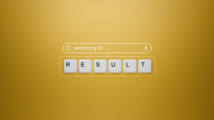 Keyboard keys spelling RESULT on a vibrant yellow background with a digital search bar graphic,...