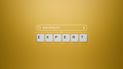 Keyboard keys spelling EXPERT on a vibrant yellow background with a digital search bar graphic, symbolizing the quest for specialist skills and proficiency