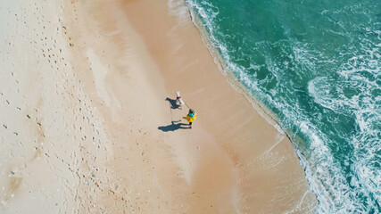 Aerial high angle shot of young woman walking with the dog along the seaside. Stunning seascape.