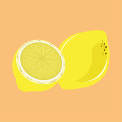 Yellow lemon with a piece of lemon sliced and cut