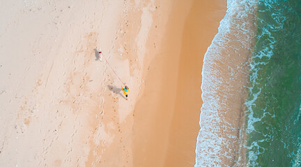 Aerial high angle shot of young woman walking with the dog along the seaside. Stunning seascape. - Powered by Adobe