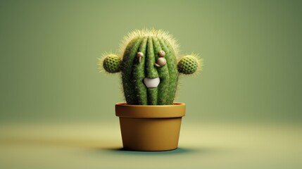 Cactus with funny face on green background. 3d illustration. 3d illustration. Cactus isolated on a background with Copy Space.