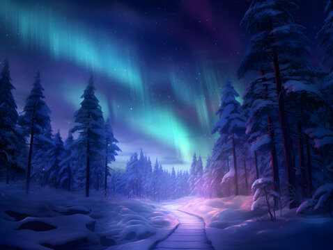 Fantasy Christmas winter landscape with snow covered trees and pink and blue aurora borealis