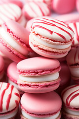 Obraz premium pink and white striped macaroons on a white surface, in the style of dark red and light crimson, monochromatic created with Generative Ai