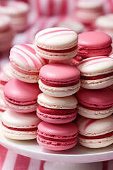 Fototapeta na wymiar pink and white striped macaroons on a white surface, in the style of dark red and light crimson, monochromatic created with Generative Ai