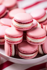 Obraz na płótnie Canvas pink and white striped macaroons on a white surface, in the style of dark red and light crimson, monochromatic created with Generative Ai