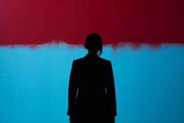 woman is standing in front of her face with a light in the background minimal graphic ideas concept red and blue color tone movie cinema creative poster ideas template background stylish creation idea - obrazy, fototapety, plakaty