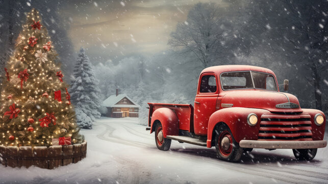 red vintage truck and christmas tree in the snow