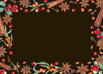 Rectangular horizontal frame of cowberries, cinnamon, star anise, sea buckthorn, cloves. Watercolor illustration isolated on dark background. For postcard design, invitation, greeting. Space for text.