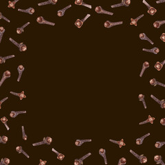 Dried cloves. Watercolor square frame. Buds, natural organic food. Winter hand drawn illustration of brown spices isolated on dark background. For greetings, cards, package. Copy space for text