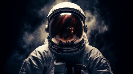 portrait of An astronaut helmet reflection isolated on dark background - obrazy, fototapety, plakaty