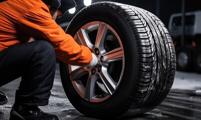 Fototapeta na wymiar A car mechanic changes winter tire on a car wheel in the garage
