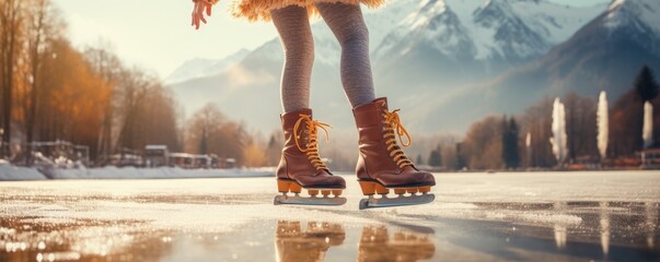 Close up photo of skates on feet on ice with amazing background. Skating on ice in winter