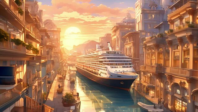 sleek cruise ship glistened warm, golden sunlight docked bustling port city. towering vessel adorned with elegant balconies windows, showcasing opulent cabins luxurious 2d animation