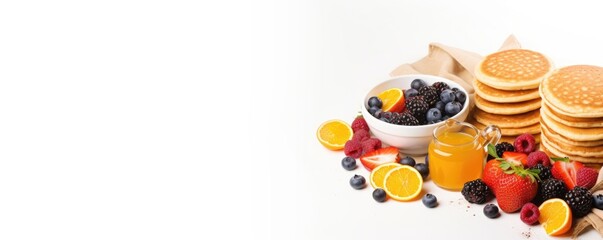 Healthy breakfast concept with fresh pancakes, berries, fruit on white backgroudt. Free space for your text.